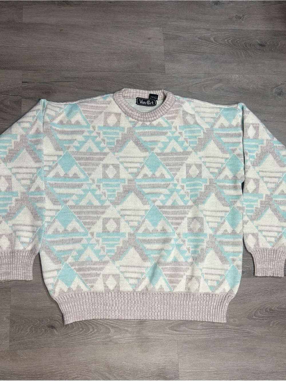 VTG Van Cort 90’s retro geometric Teal White Grey sweater pull Over Sz M